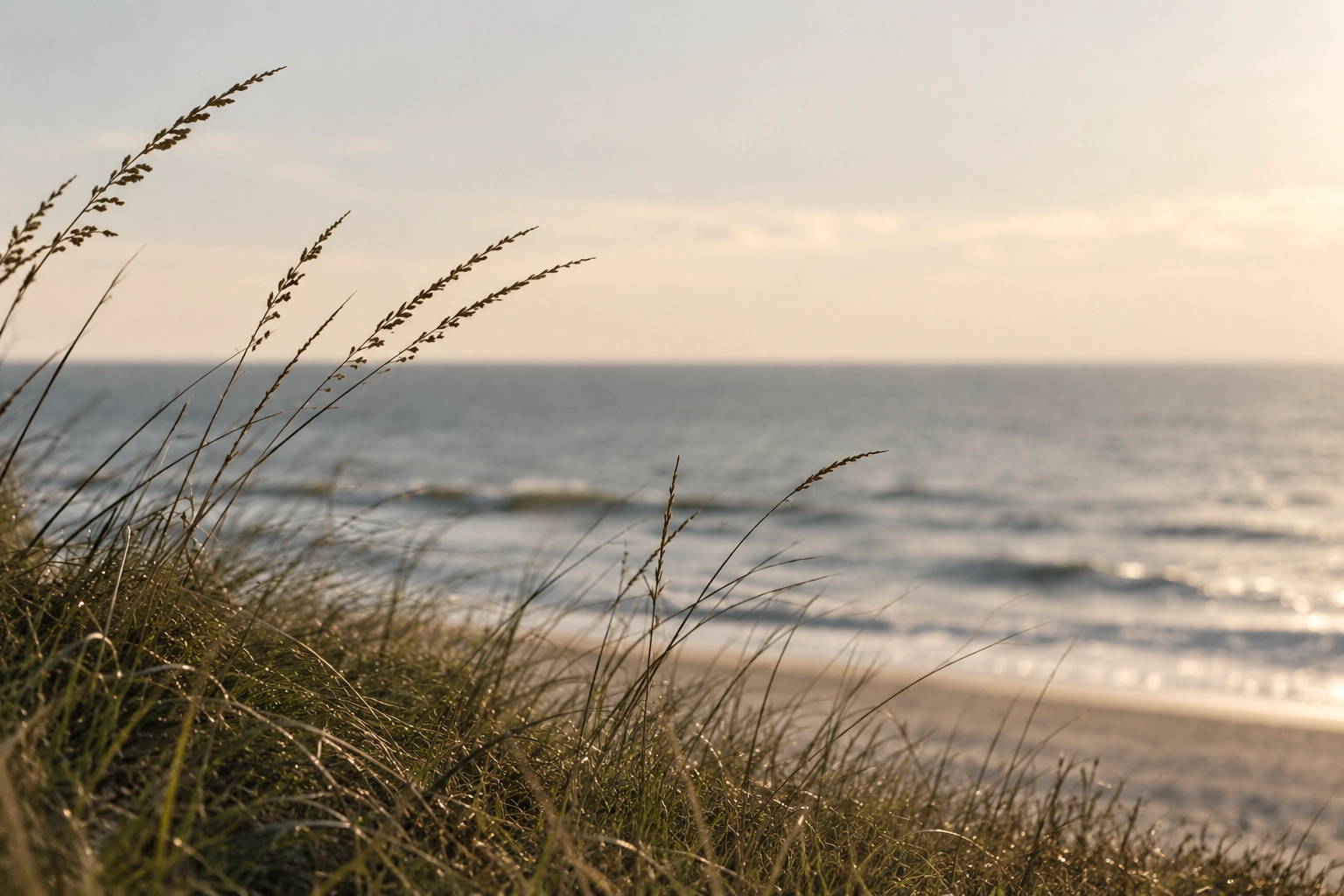 Dune grass catching low sunlight at the edge of a calm shoreline
